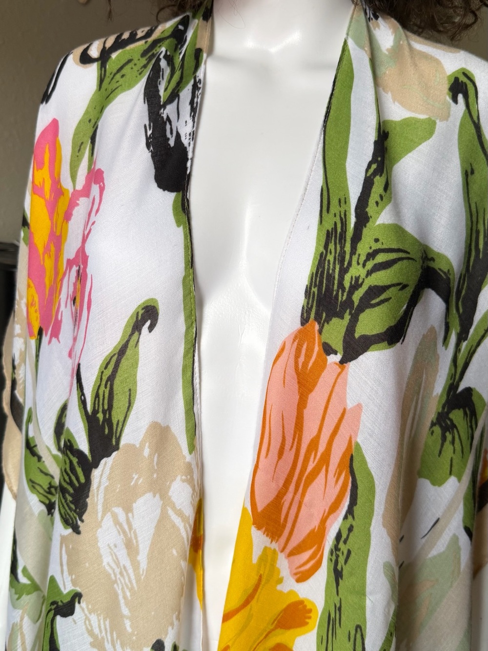 Floral Open Front Kimono in White, Green & Bright Accents